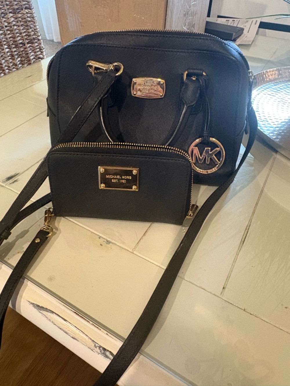 Michael Kors Black Leather Crossbody with Matching Wallet and Gold Hardware